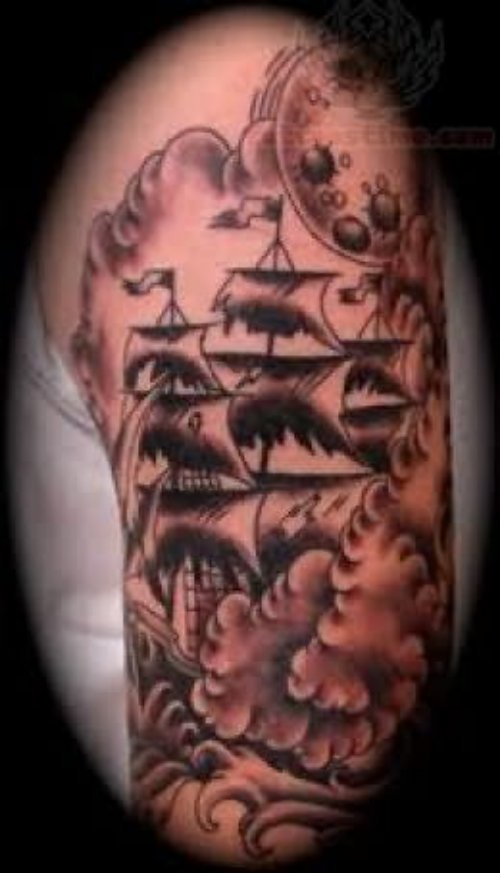 Grey Ink Half Sleeve Jolly Roger Ship Tattoo